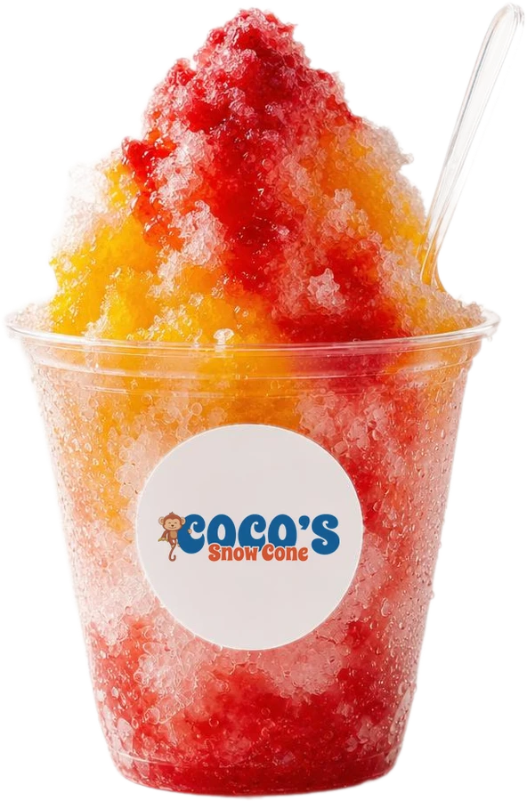A Coco's snow cone: shaved ice with real strawberry and mango syrup
