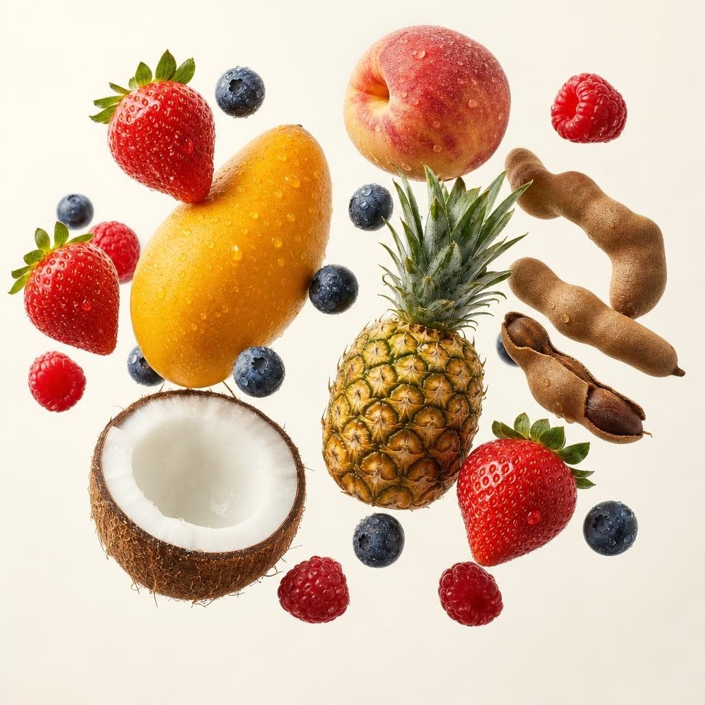 The fruit Coco's uses: strawberries, blueberries, mango, pineapple, peach, raspberries, coconut and tamarind