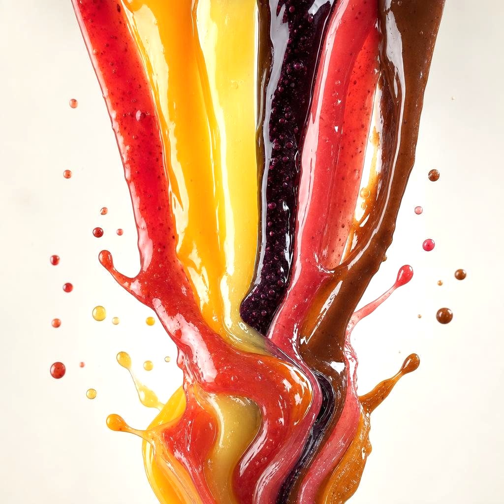 Homemade fruit syrups pouring side by side